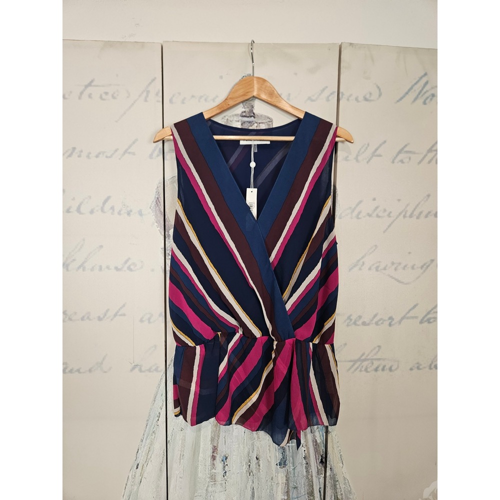 NWT Trina Turk Stellar Top XL Multicolor Striped Peplum V-Neck Sleeveless Blouse